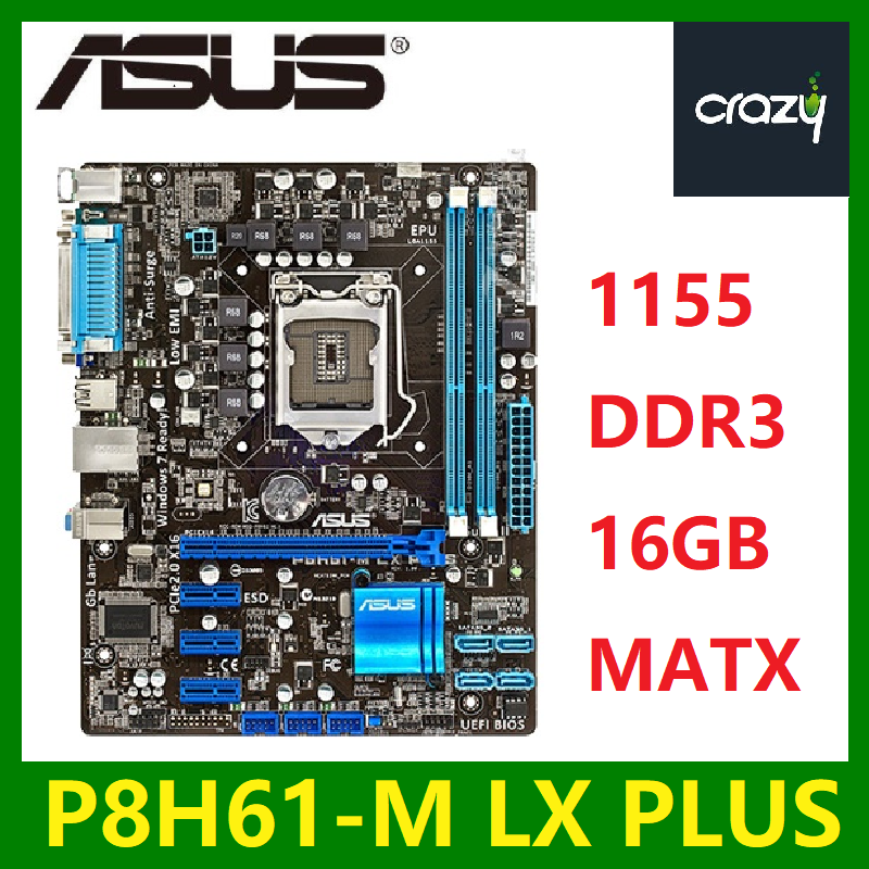thumbnail interactive-video image 1 of ASUS P8H61-M LX/LX PLUS LGA 1155 Motherboard – Intel H61, DDR3, UATX (Used) 1 of 4