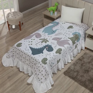 Kit Colcha Cobre - Leito Solteiro Infantil Menino Dinossauro Com Babado Branco 1,70 X 2,30 02 Peças