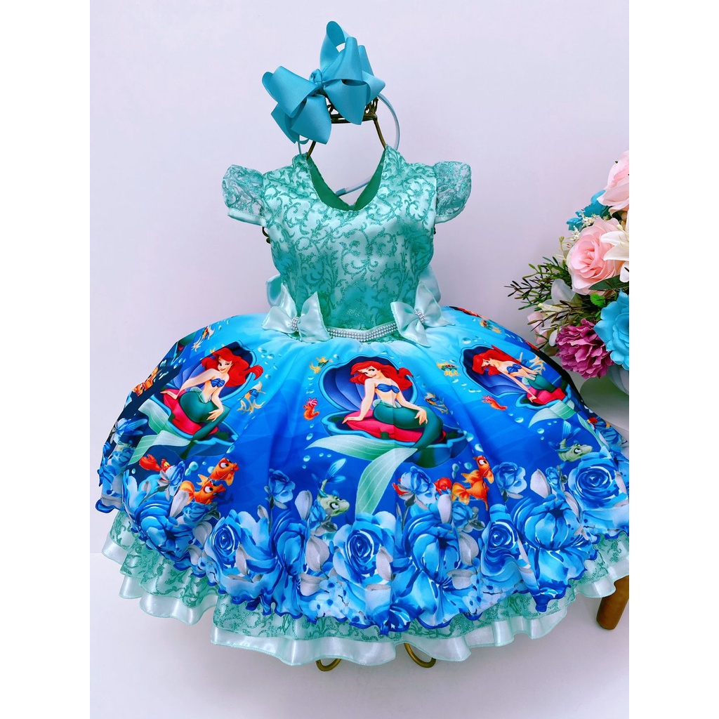 VESTIDO INFANTIL PRINCESA ARIEL PÉROLAS RENDA BRILHO