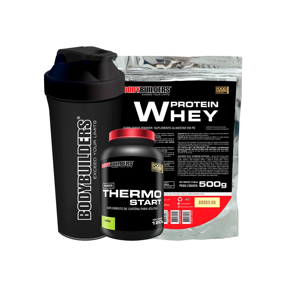 Kit Whey Protein Concentrado em Blend Proteico 500g + Thermo Start 120g + Coqueteleira – Kit Para Acelerar o Metabolismo e Auxiliar no Ganho de Massa – Bodybuilders
