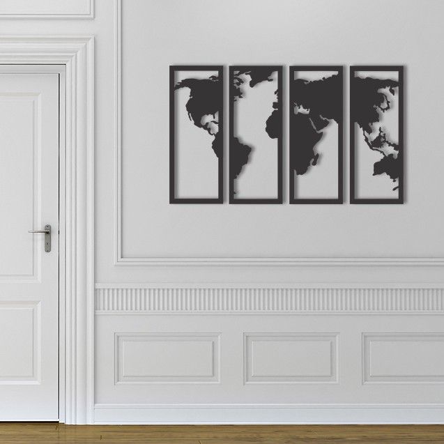 Kit 4 Quadros Mundi 55cmx85cm Mapa Mdf Vazado Preto