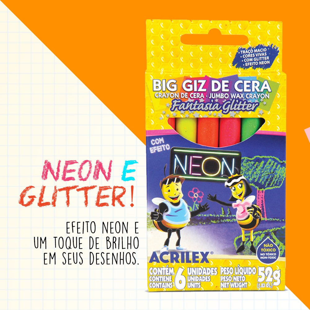 Giz de cera gizao big gis neon gliter 52G 6CORES em Promoção na Americanas