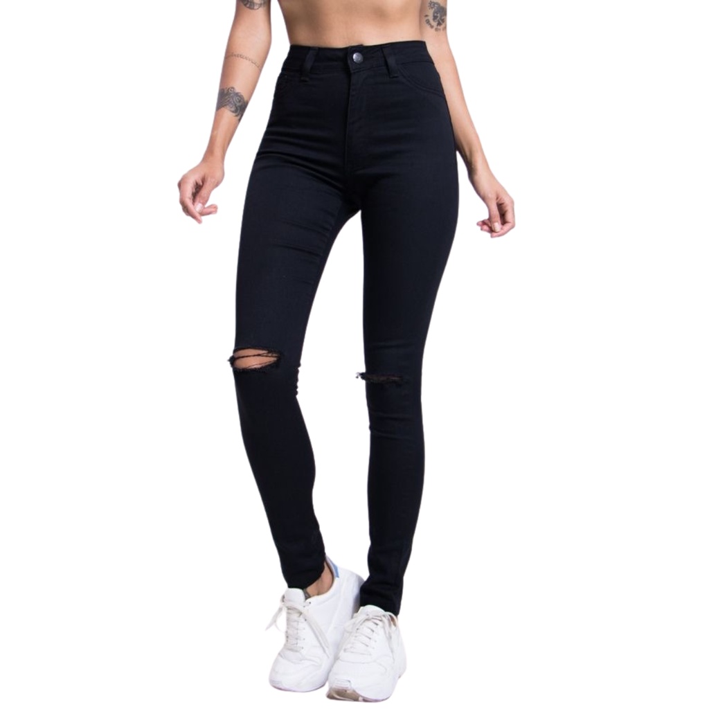 Calça Jeans Preta Feminina Rasgada no joelho Blogueira Skinny