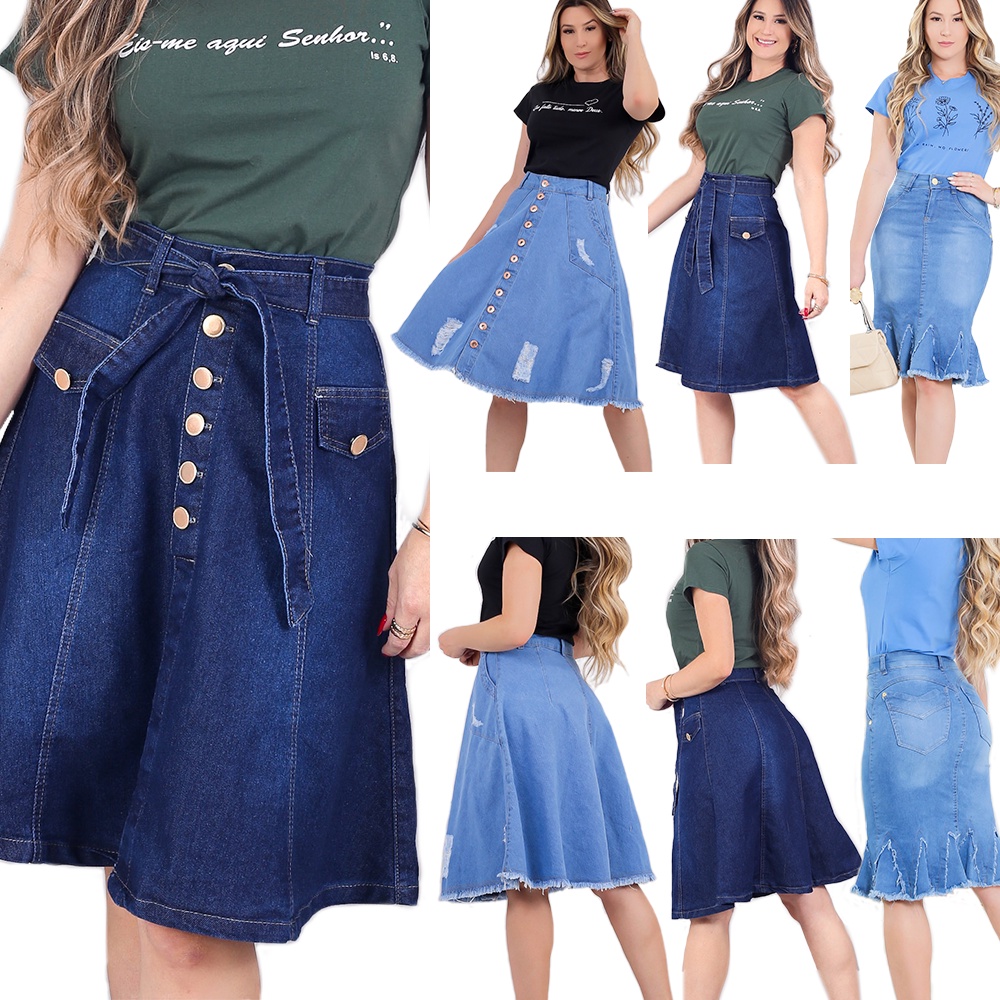 Saia jeans midi rodada evangélica, moda evangélica, moda feminina, moda  secretária - R$ 129.99, cor Azul (cintura alta, com botões) #105706, compre  agora