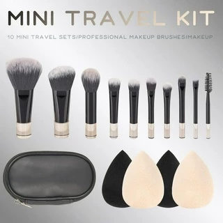 10 Conjunto de Escova de Maquiagem Portátil com Cabo Curto Preto +4 Puffs com Saco de Armazenamento Inclui Escova Blush Escova em Pó Solto Escova para Sombra dos Olhos Escova para Sobrancelhas Conjunto de Ferramentas de Maquiagem para Sobrancelhas
