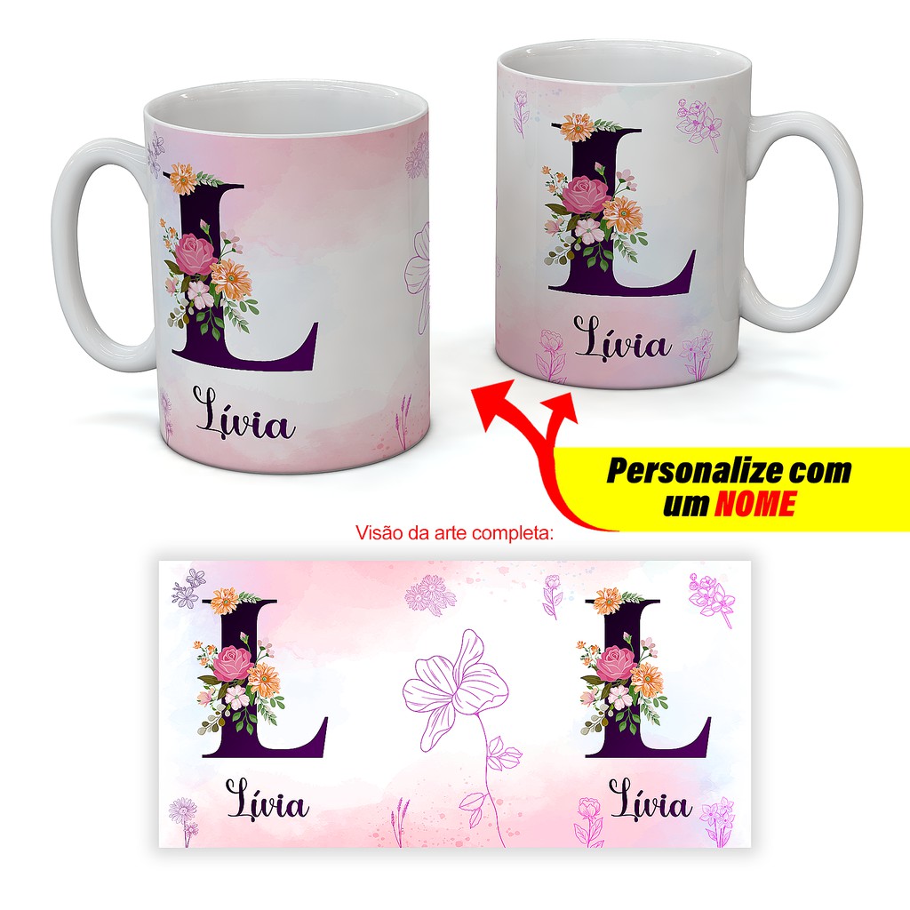 Caneca de cerâmica Personalizada Com Letra Inicial Florida + O Seu Nome ...