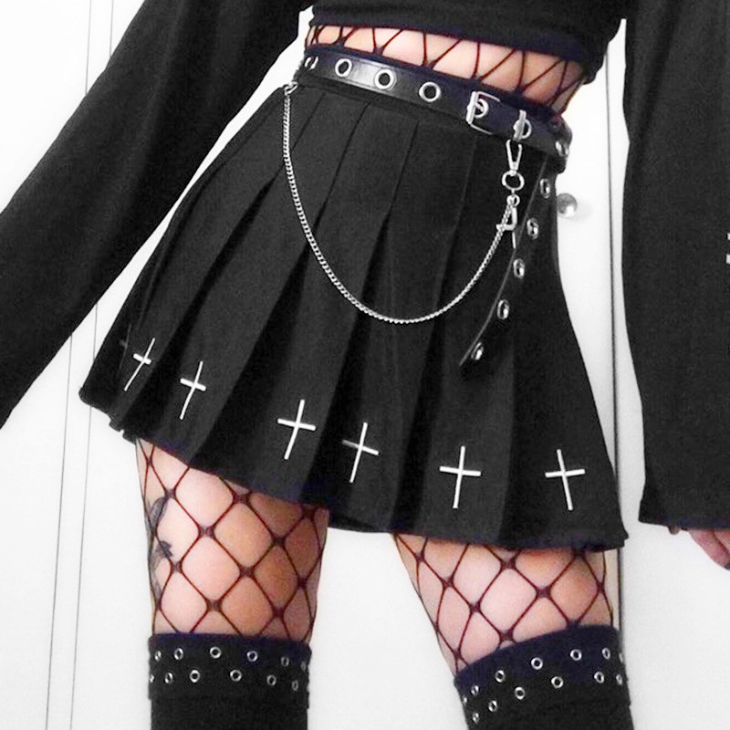 Saia colegial pregueada cruz bordada, estilo E-girl, Goth rock