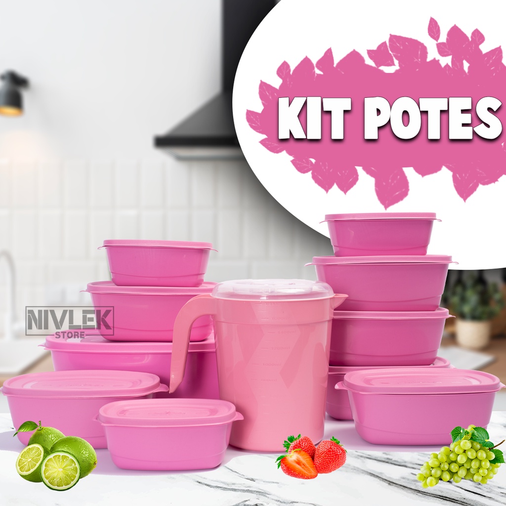 Kit com 10 potes Rosa BB retangular de plástico + Jarra de 1.800ml + Brinde