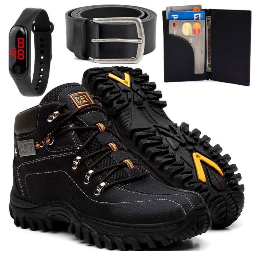 Kit Bota Masculina Caterpillar Adventure de Trilha Impermeavel De Couro Leve + Cinto Carteira e Relogio