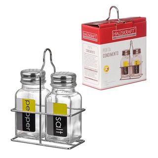 Porta-Condimento 2 Potes de Vidro com Suporte Aramado Prata PCON-025 Hauskraft