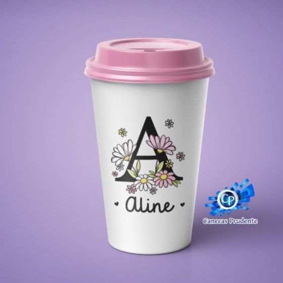 Copo com Tampa Bucks Rosa BB personalizado com a letra inicial e nome
