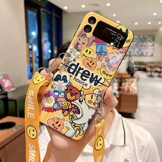 Caixa De Telefone Galaxy Z Flip 4 3 5G Macio Desenho Animado Smiley Azul Luz Silicone Samsung Flip4 5G Capa Completa Com Cordão Transversal Ajustável Traseira