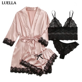 Conjuntos de robes e vestidos femininos Sexy Lace Lounge Pijama Manga  comprida Roupa de dormir feminina