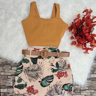 Conjunto Feminino Plus Size Blusa Cropped + Short Saia com Cinto - Conjuntinho Plus Curve