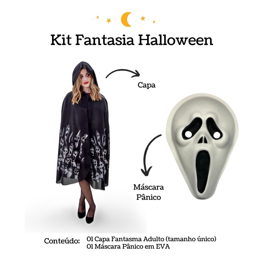 Kit Mascara V E Capa Fantasia Adulto Halloween Com Capuz