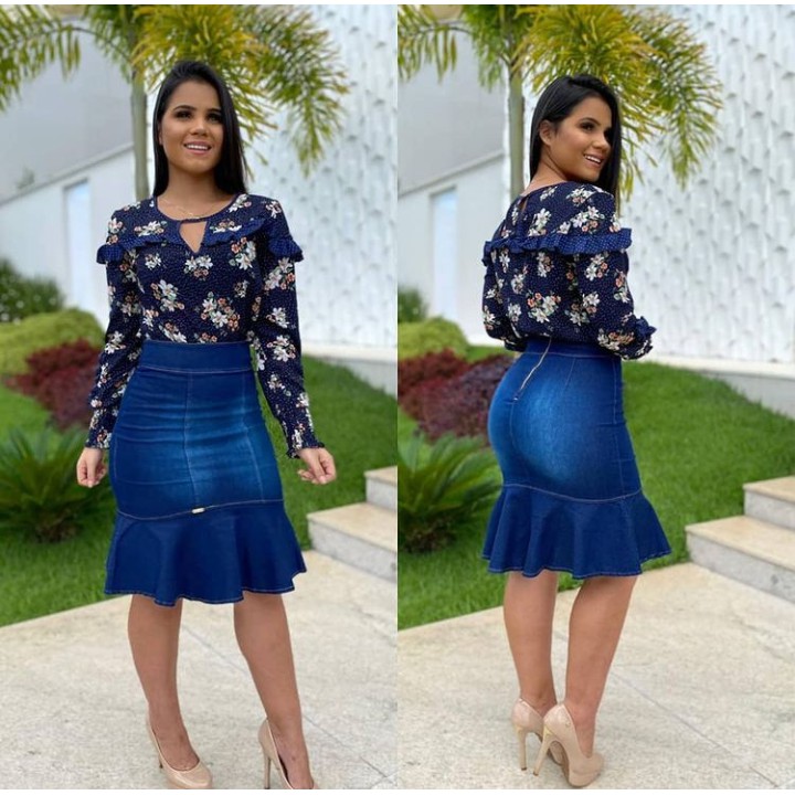 Saia Jeans Midi, Estilo Sereia, com Lindo Babado em Godê