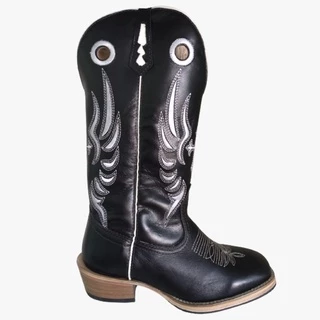 Bota Texana Masculina Bico Quadrado Cano Longo Bordado Branco Solado Carrapeta Em Couro Montaria