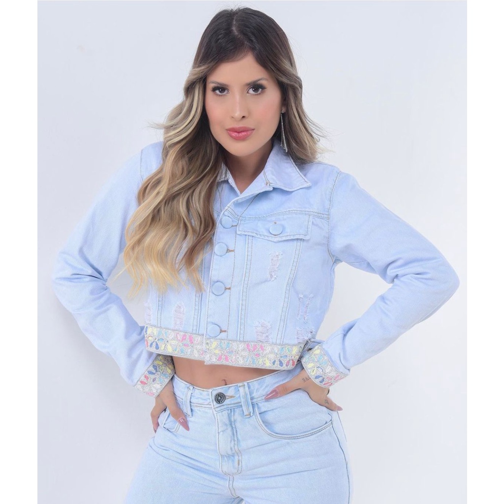 Jaqueta Jeans Sal e Pimenta com Bordado na Barra | Shopee Brasil