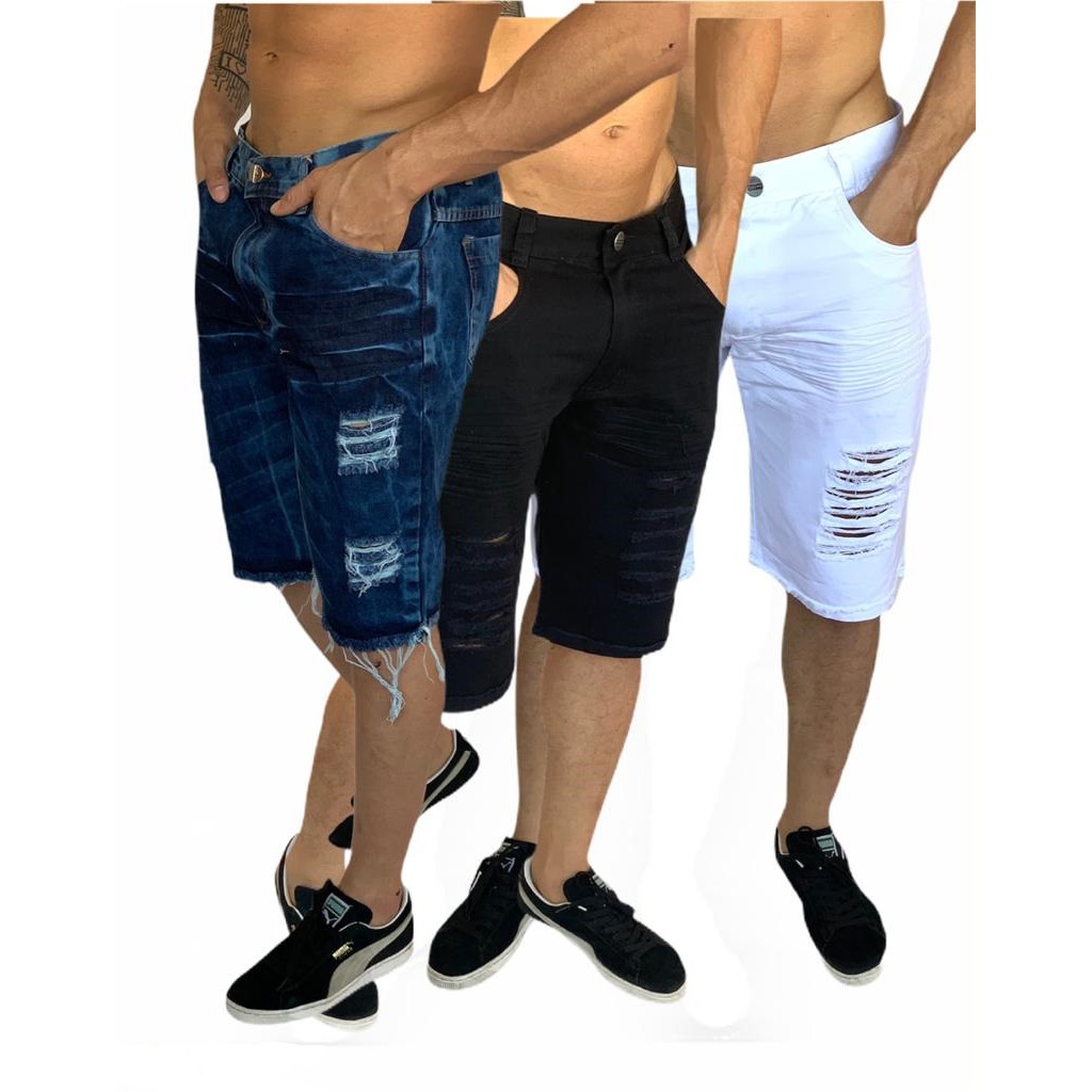 bermuda jeans masculina rasgada kit 3 Escura Preto Branco Claro Marrom /  Caramelo