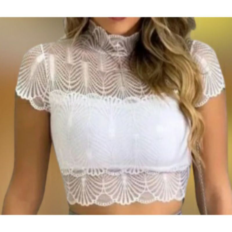 cropped de renda com manga e gola alta | Shopee Brasil