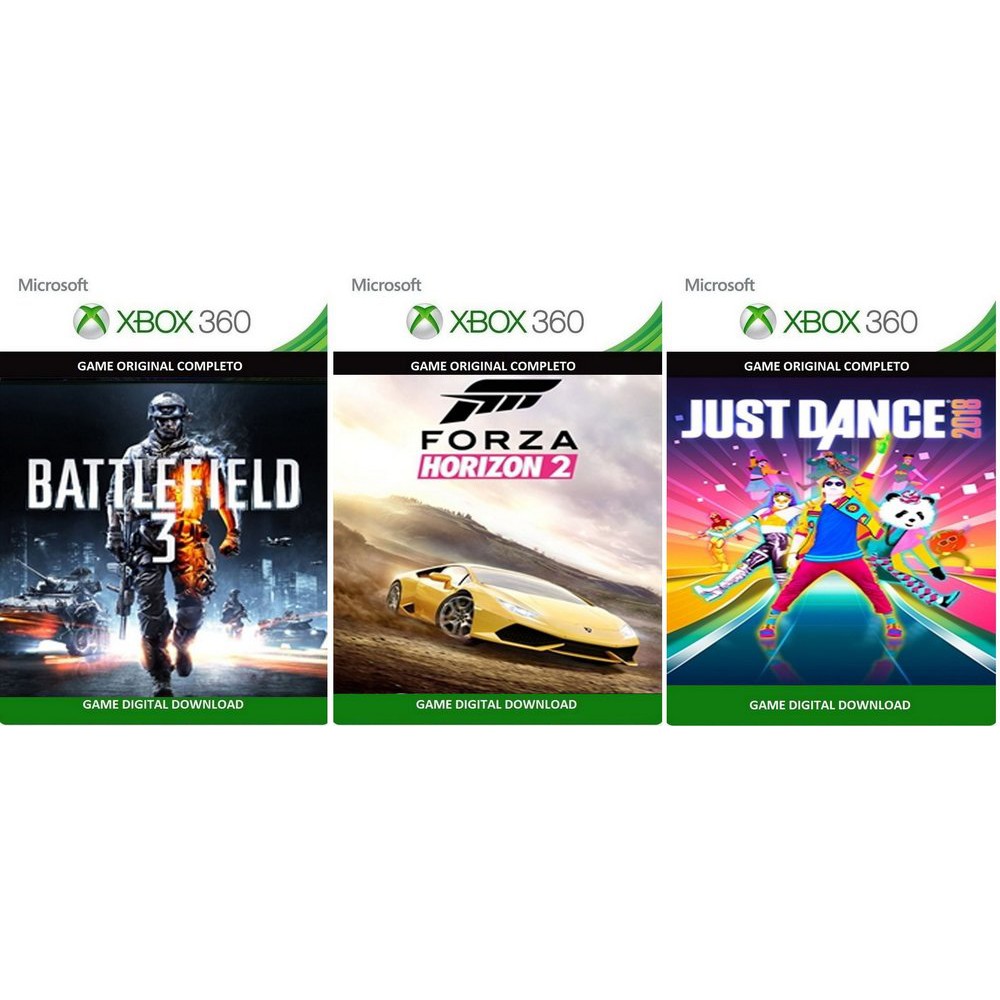 Jogos Xbox 360 transferência de Licença Mídia Digital - FORZA HORIZON 2  LEGENDADO + JUST DANCE 18 + BATLEFIELD 3