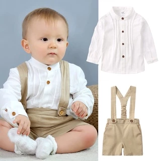 Roupas Para Bebês Meninos Cavalheiros Com Colarinho De Linho De Algodão + Shorts Suspensório Conjunto De Crianças Macacão