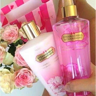 Kit Hidratante + Body Splash Victoria’s Secret Strawberry & Champagne - Morango com Champanhe