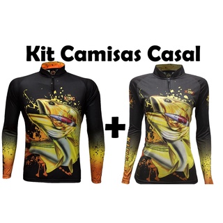 Kit Camisa de Pesca Casal King Dourado C/ Proteção Solar Masculina e Feminina