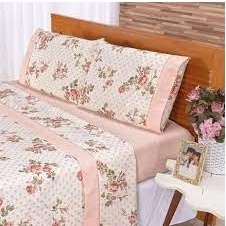 Kit Jogo de Lençol Cama Casal com Lese 3 Peças Estampado Com Elástico - Floral