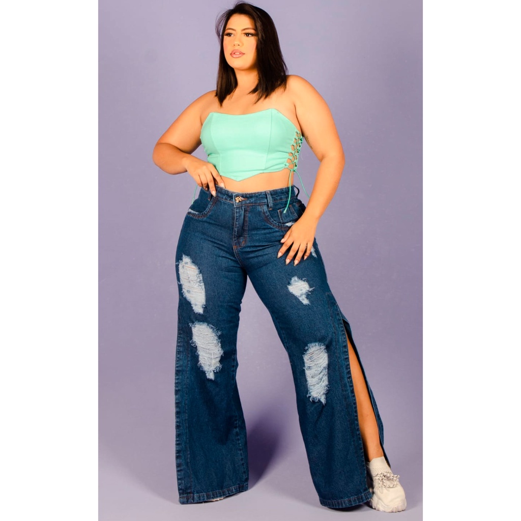 Calça Jeans Wide Leg Plus Size Fenda Lateral Pantalona