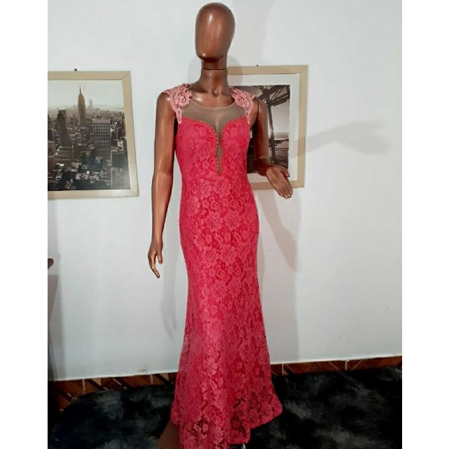 Vestido Longo de Festa Rosa de Renda Elegance | Shopee Brasil