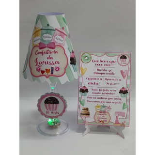 COMBO: 5 Abajures taça c/ led pisca-pisca + 5 Plaquinhas de agradecimento Confeitaria  (QUALQUER TEMA)