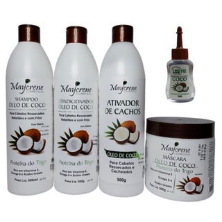 Kit Cabelos Cacheados Óleo Coco 4x500ml - Shampoo Condicionador Máscara Ativador e Reparador de Pontas 30ml Maycrene - 5 Prod.