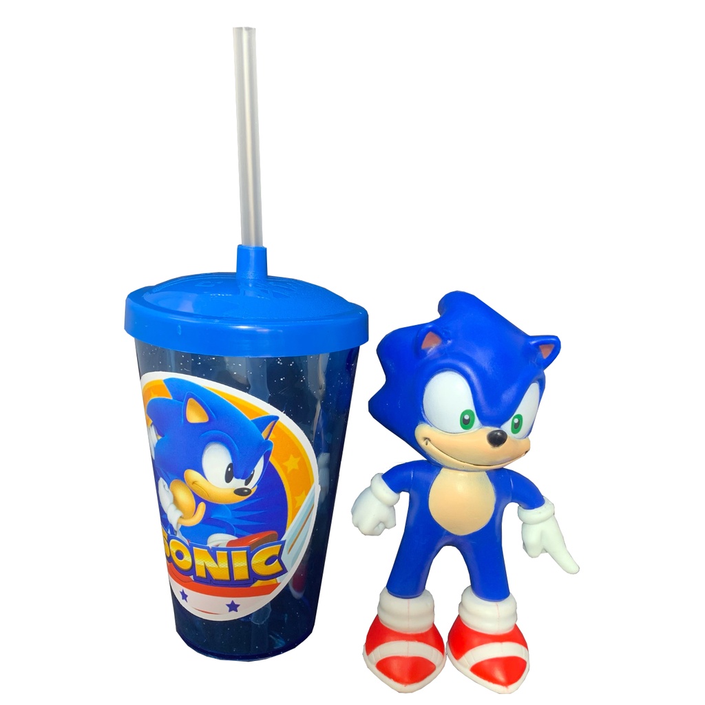 Boneco sonic vermelho 15cm com copo e canudo