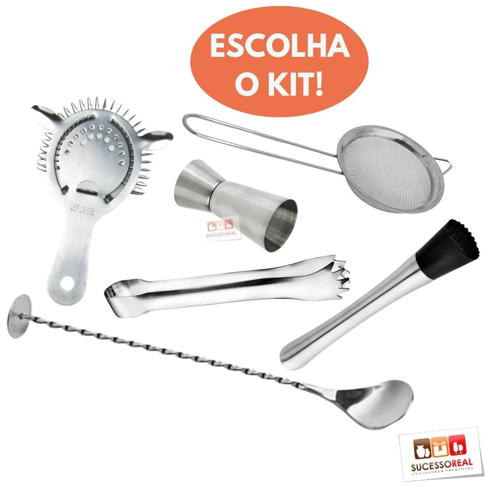 Kit Barman Inox Pegador de Gelo, Socador, Peneira, Coador Strainer