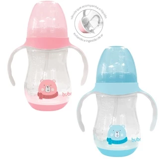 Copo 250ml c/ Alça e Válvula Antivazamento Transição Bico Macio Silicone Menino Menina Buba