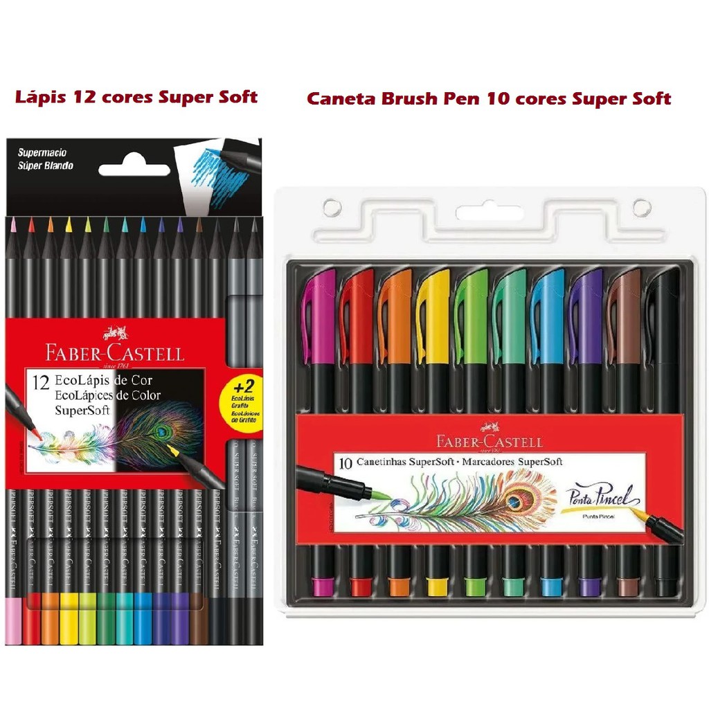 Kit Faber-Castell SuperSoft 10 cores Caneta Brush Pen + 12 cores Lápis de  Cor