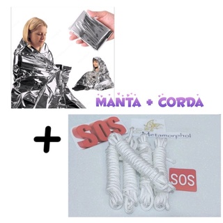 ATENÇÃO: 3 tipos de produto - KIT Manta térmica aluminizada + Corda de 6mm Polipropileno Trançada 3 metros Ou Somente a Manta Ou somente a Capa de Chuva, mochila de Emergência , resgate, JW