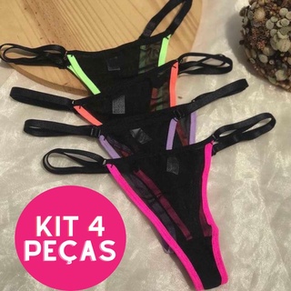 kit lingerie 4 peças calcinha sexy tanga neon em tule invisível bicolor