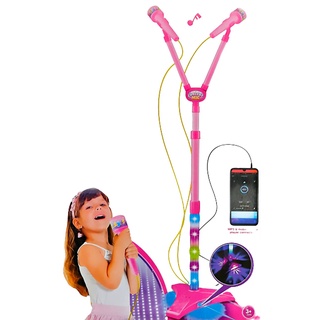 Microfone The Voice Kids Infantil Rosa Pedestal - C/ Som E Luz Resistente Conecta no Celular Brinquedo Para Meninas Divertido