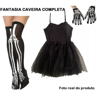 Fantasia caveira feminina completa bruxa com body saia de tule meia e luva fantasia completa feminina fantasia halloween