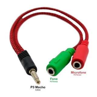 Cabo Adaptador De 2 - P2 Para P3 p/ Fone E Microfone Headset