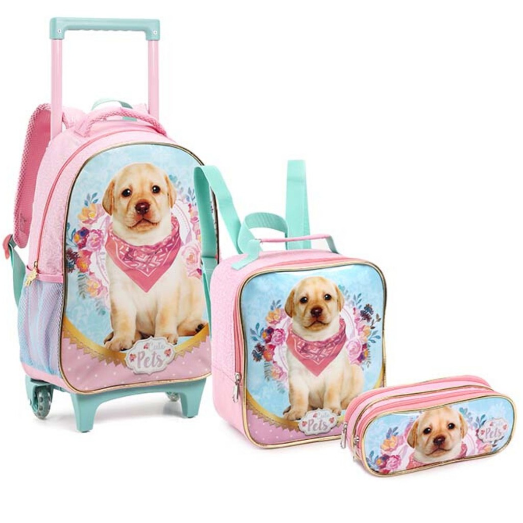 Kit Mochila Escolar Infantil Feminina com Rodinhas Lancheira e Estojo de Cachorro Gato