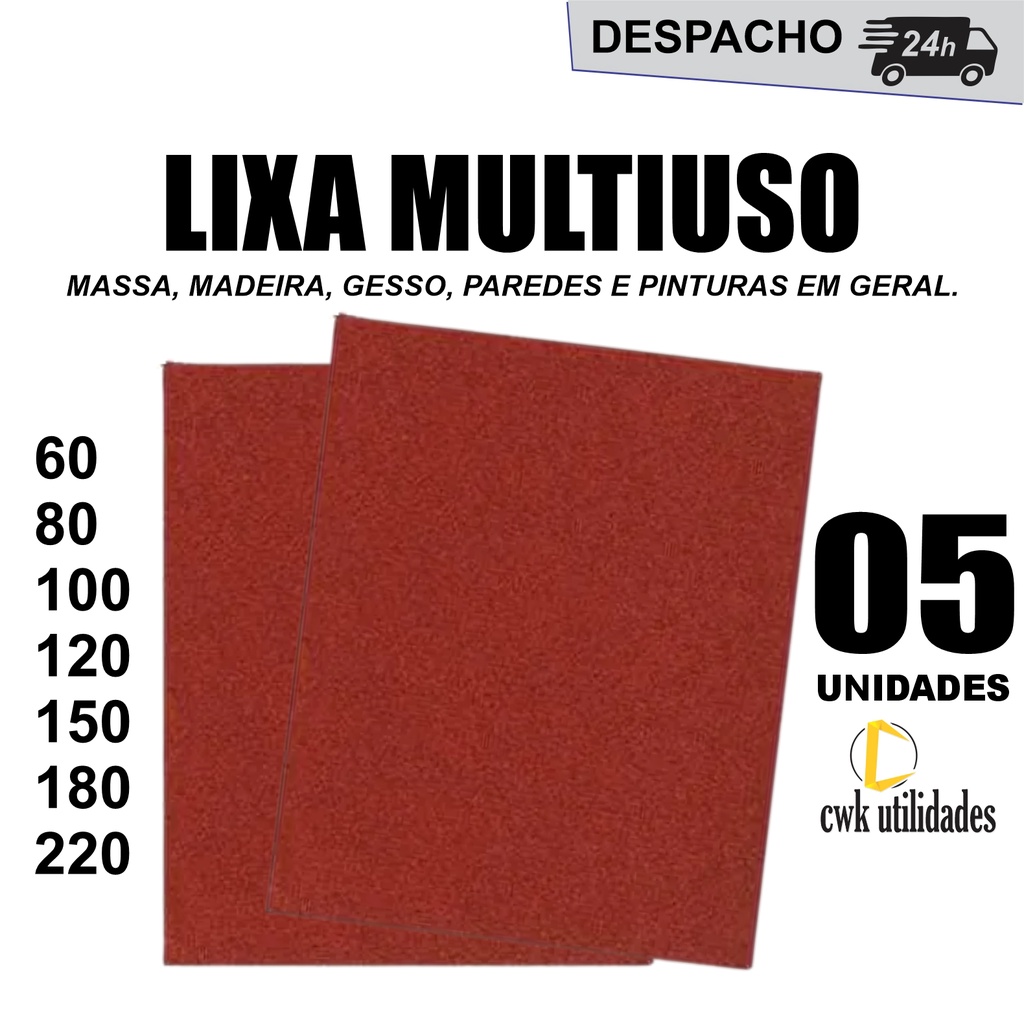 Kit 05 Lixa para Massa Parede Madeira Gesso MDF PVC Vermelha 60, 80, 100, 120, 150, 180, 220