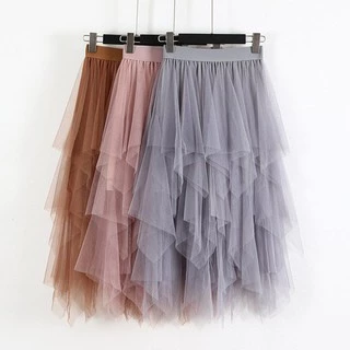 Moda Elástica Cintura Alta Longa Tule Saia Feminina Bainha Irregular Malha Tutu