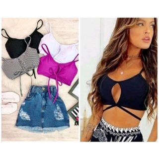 Kit 3 pecas Cropped Feminino Decote Meia Lua Formas Diversas Alça Ref524