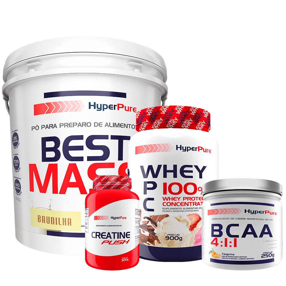 Kit 100% Whey Protein 900g + Hipercalórico Best Mass 6Kg + BCAA 250g Sabor Tangerina + Creatina 300g – Hyperpure Kit para aumento e recuperação da massa muscular