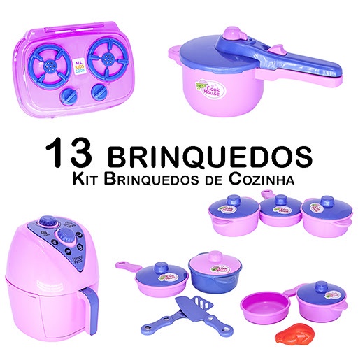 Kit Cozinha Infantil Com Fogão + Airfryer + Jogo De Jantar C/ Copos,  Pratinhos, Panelinhas De Brinquedo Fogãozinho Cooktop Comidinha