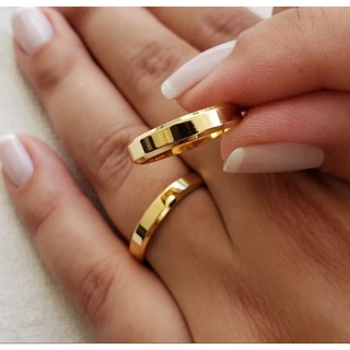 Alianças de Casamento Noivado Chanfradas Folheadas Banhadas Ouro 18K + Anel Solitario - Oferta Shoppe
