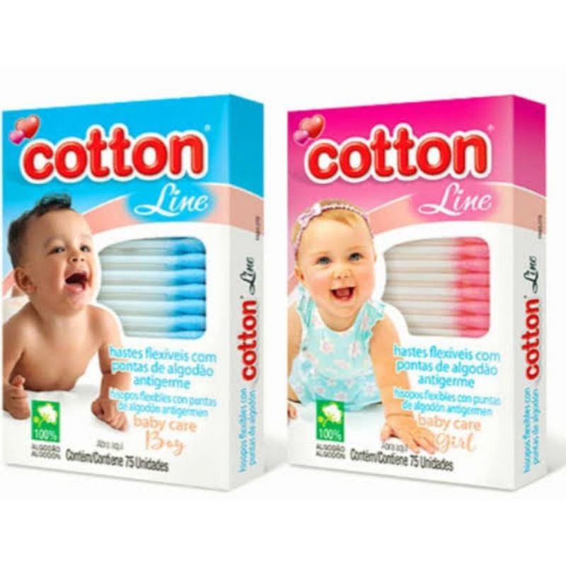 Hastes Flexíveis Baby Azul E Rosa Com Pontas De Algodão 75 Unidades Cotton  Line Tipo Cotonete